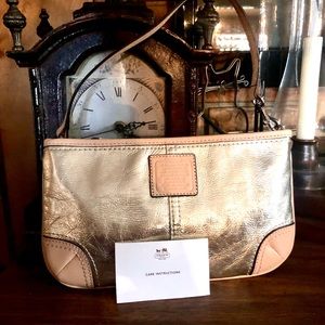 COACH Platinum gold and beige genuine leather small mini shoulder bag / wristlet
